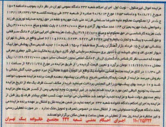 مزایده,مزایده کلاسه 113/114/232/93 فروش 4 دانگ سرقفلی بخش8 