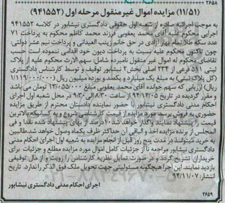 مزایده,مزایده کلاسه 941552 سهم الارث محکوم علیه از پلاک ثبتی 511 فرعی بخش 2 نیشابور مرحله اول