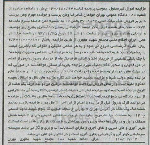 مزایده,مزایده کلاسه 130/180/94 فروش ملک واقع در میدان بهاران