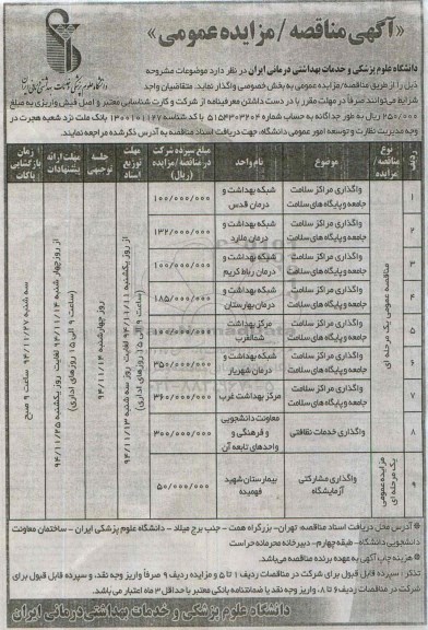 مناقصه, مناقصه واگذاری مراکز سلامت جامعه و پایگاه های سلامت