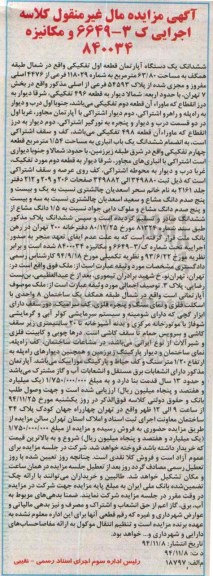 مزایده,مزایده اپارتمان قطعه اول تفکیکی شمال طبقه همکف کلاسه ک3-6649و مکانیزه840034