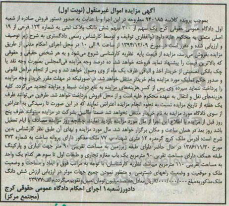 مزایده,مزایده کلاسه 940185 یک سهم از 200 سهم پلاک ثبتی واقع در گرمدره