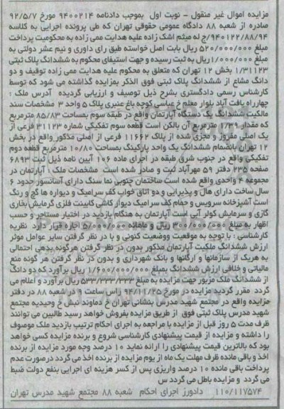 مزایده,مزایده کلاسه 940122/88/94 اپارتمان طبقه 3 نوبت اول