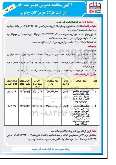 مناقصه, مناقصه بازرسی حین ساخت و نهایی قطعات یدکی و تجهیزات نوبت دوم 