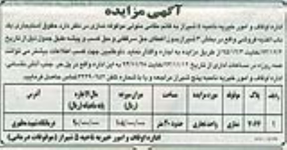 آگهی مزایده, مزایده حقوق استیجاری یک باب اغذیه فروشی 