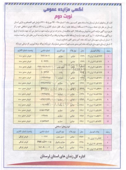 آگهی مزایده عمومی , مزایده فروش 13 دستگاه از وسائط نقلیه سبک قابل شماره گذاری و سه دستگاه خودرو اسقاطی