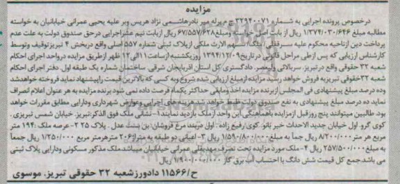 مزایده,مزایده شماره 32940071 سرقفلی از پلاک ثبتی واقع در خیابان تبریزی