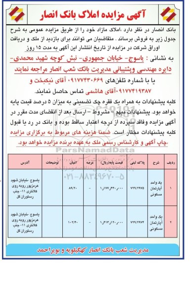 مزایده,مزایده املاک دو واحد اپارتمان واقع در یاسوج 
