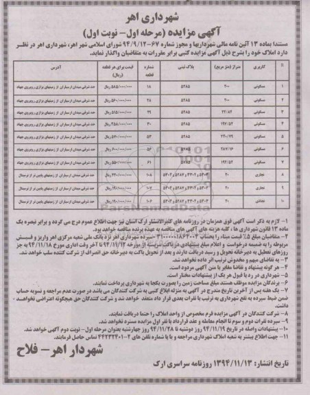مزایده,مزایده واگذاری املاک مرحله اول