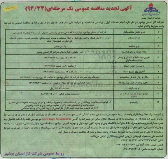 آگهی تجدید مناقصه عمومی یک مرحله ای,تجدید مناقصه اجرای 7000 متر شبکه پراکنده پلی اتیلن ....