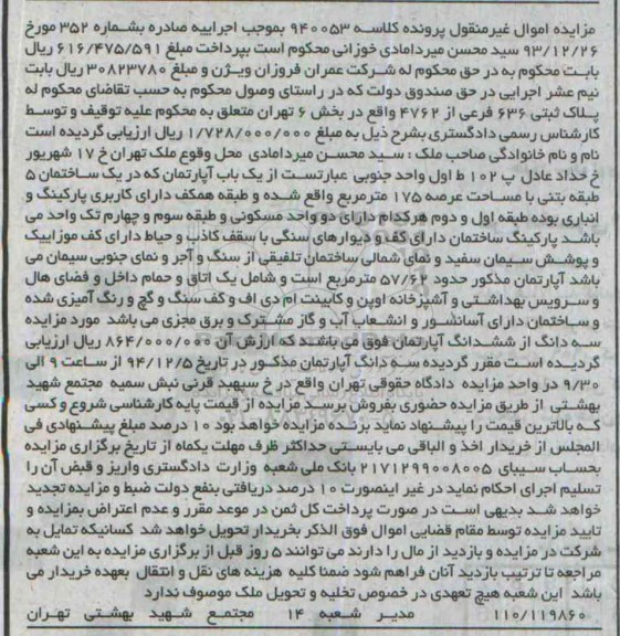 مزایده,مزایده کلاسه 940053 اپارتمان در یک ساختمان 5 طبقه بتنی