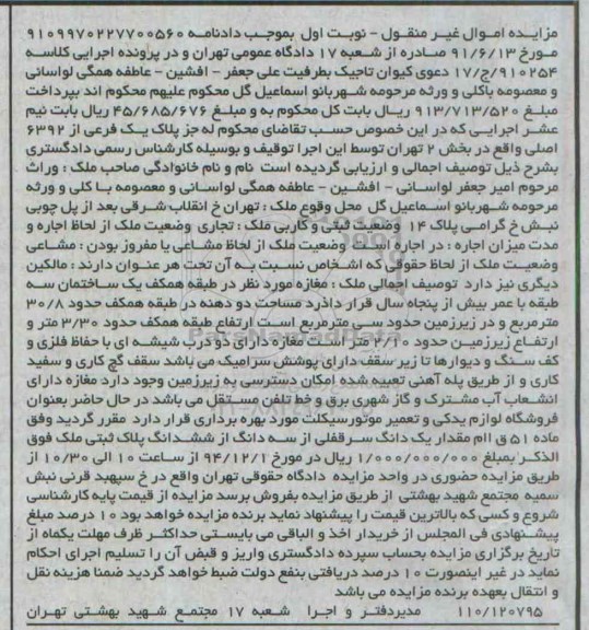 مزایده,مزایده ملک تجاری در طبقه همکف یک ساختمان سه طبقه نوبت اول