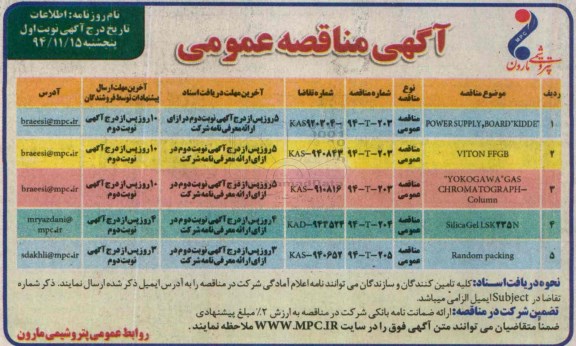 آگهی مناقصه عمومی , مناقصه POWER SUPPLY , BOARD KIDDE  و ... - نوبت اول