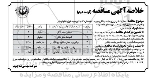 خلاصه آگهی مناقصه , مناقصه عملیات شن ریزی جاده جنگلی درجه (2) شماره 7 نوبت دوم