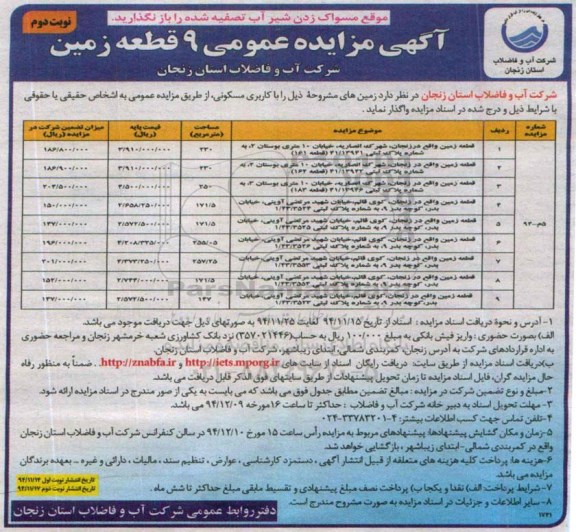 مزایده,مزایده عمومی نه قطعه زمین نوبت دوم