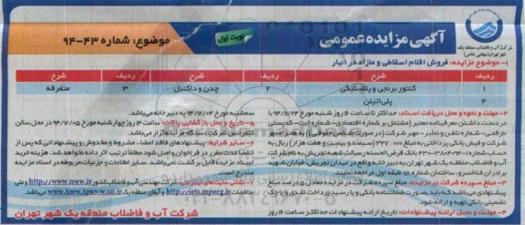 آگهی مزایده عمومی , مزایده فروش کنتور برنجی و پلاستیکی و ...