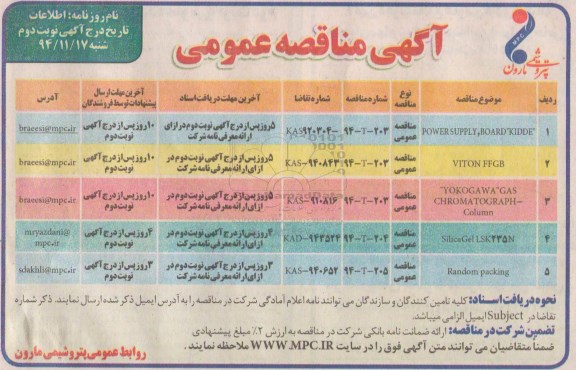 آگهی مناقصه عمومی , مناقصه POWER SUPPLY , BOARD KIDDE  و ... - نوبت دوم
