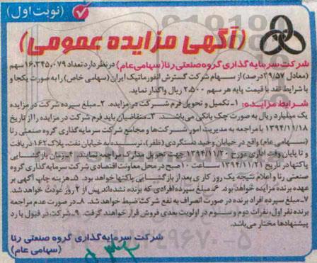 آگهی مزایده عمومی, مزایده واگذاری تعداد 16.345.079 سهم (معادل 29/57 درصد) از سهام شرکت گسترش انفورماتیک ایران