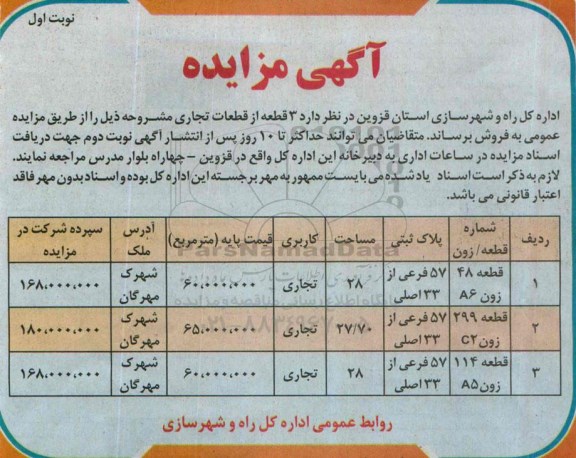 مزایده,مزایده فروش سه قطعه از قطعات تجاری در شهرک مهرگان