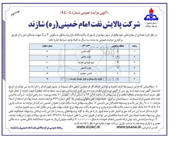 آگهی مزایده , مزایده اجاره تعدادی از مغازه های خود واقع در شهر مهاجران نوبت دوم