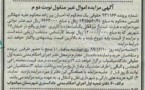 مزایده,مزایده شماره 931166 سرقفلی مغازه خیابان 17 شهریور نوبت دوم