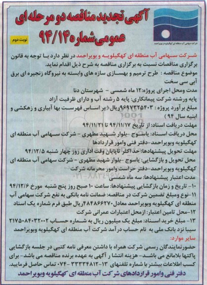مناقصه , تجدید مناقصه طرح ترمیم و بهسازی سازه های وابسته به نیروگاه زنجیره ای برق آبی سی سخت نوبت دوم 