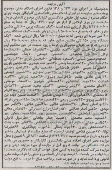 آگهی مزایده , مزایده فروش یکصد تن ورق فولادی و دستگاه پرس