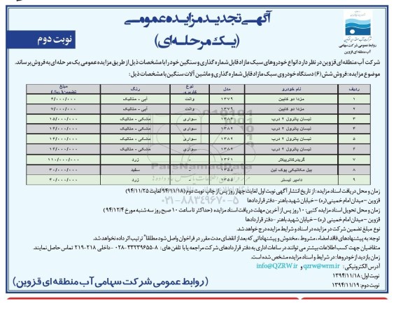 آگهی تجدید مزایده عمومی یک مرحله ای , مزایده انواع خودروهای سبک مازاد قابل شماره گذاری و سنگین - نوبت دوم