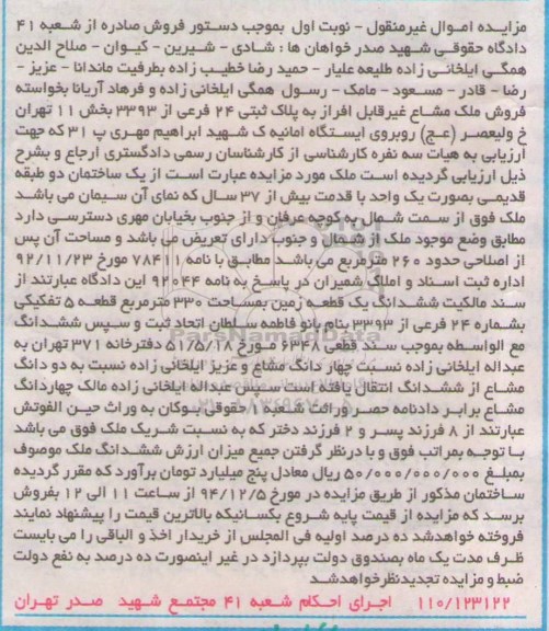 مزایده,مزایده ملک مشاع غیر قابل افراز به پلاک ثبتی ساختمان دو طبقه قدیمی 