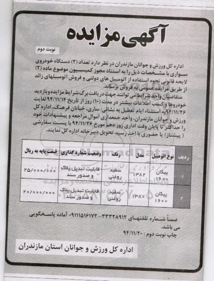 آگهی مزایده , مزایده فروش تعداد 2 دستگاه خودروی سواری- نوبت دوم