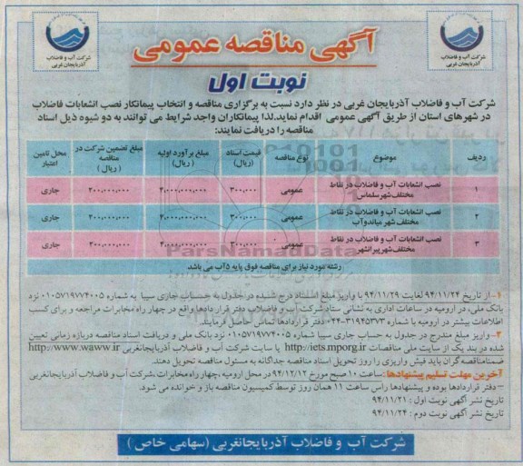 مناقصه ارزیابی کیفی , مناقصه ارزیابی کیفی نصب انشعابات فاضلاب در شهرهای استان 