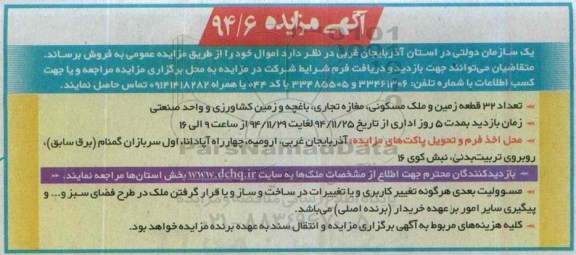 مزایده,فروش تعداد 32 قطعه زمین و ملک مسکونی مغازه تجاری باغچه و زمین کشاورزی و واحد صنعتی