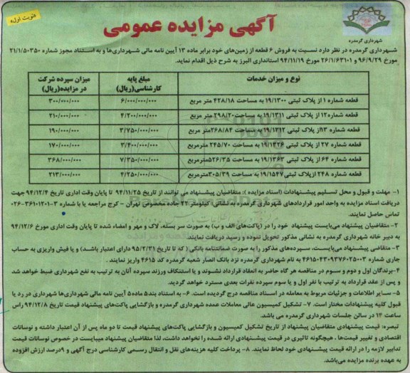 مزایده,مزایده فروش شش قطعه از زمینهای خود 