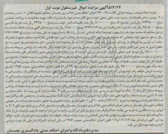 مزایده,مزایده کلاسه 940078 مقدار یک ساعت اب با زمین روستای منصوری چاه نوبت اول