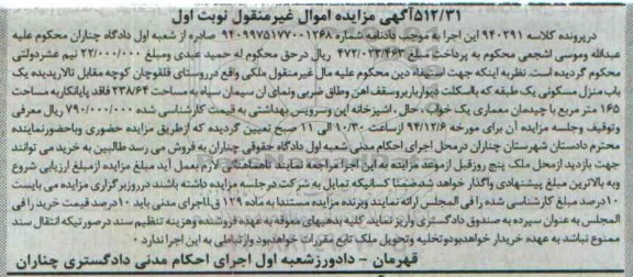 مزایده,مزایده کلاسه 940291 منزل مسکونی یک طبقه با نمای سیمان سیاه 