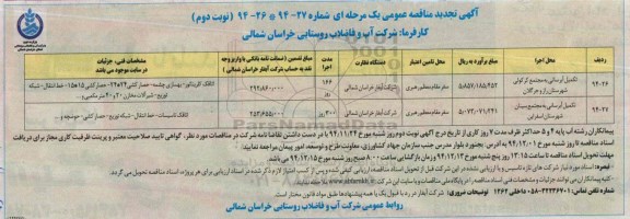 آگهی تجدید مناقصه عمومی, تجدید مناقصه تکمیل آبرسانی به مجتمع  کرکولی و سینان- نوبت دوم 