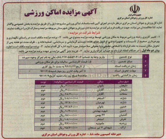 آگهی مزایده, مزایده اماکن ورزشی