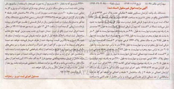 مزایده,مزایده اپارتمان مسکونی قطعه 6 بخش 5 تبریز کلاسه 9400237 