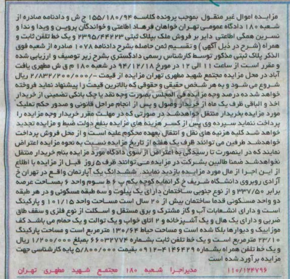 مزایده,مزایده کلاسه 155/180/94 ششدانگ یک دستگاه اپارتمان از نوع جنوبی