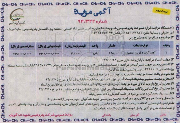 مزایده , مزایده آهن آلات و کربن استیل نوبت دوم