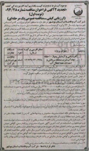 تجدید 2 آگهی فراخوان مناقصه , فراخوان مناقصه کف شکنی و آزمایش پمپاژ 10 حلقه چاه آب شرب منطقه سربالش... تجدید 