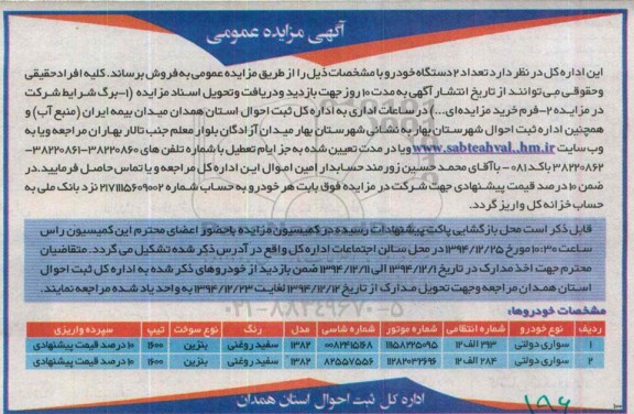 مزایده تعداد 2 دستگاه خودرو