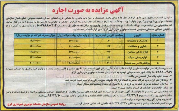 آگهی مزایده , مزایده بنای تجاری (مشتمل بر پنج باب تجاری)