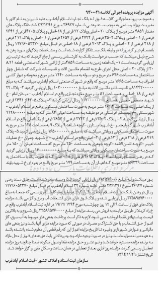 مزایده,مزایده کلاسه 9300021 ششدانگ پلاکهای مقدار 4859متر از پلاک بیست اصلی