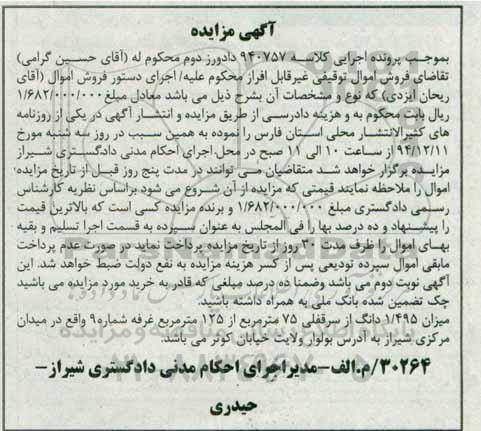 مزایده,مزایده کلاسه 940757 میزان 1.495 دانگ از سرقفلی 75 متر از 125متر غرفه 