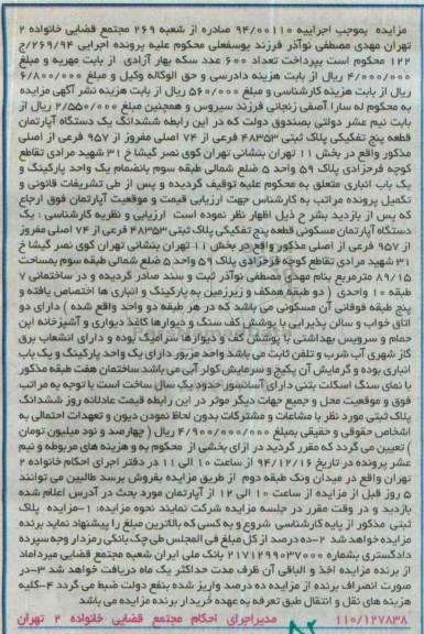 مزایده,مزایده اجراییه 94/00110 ششدانگ اپارتمان قطعه 5 تفکیکی کوی نصر