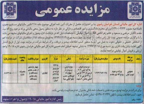 مزایده,مزایده عرصه و اعیان پلاک ثبتی کاربری تجاری