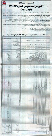 مزایده,مزایده عمومی واگذاری تعدادی از املاک و مستغلات شماره 94-26 نوبت دوم