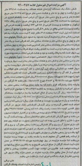 مزایده,مزایده کلاسه 9400357 اپارتمان طبقه همکف بخش دو گرگان