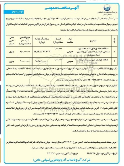 آگهی مناقصه عمومی , مناقصه واگذاری حجمی انجام امورات مربوط به قرات کنتور و توزیع قبوض ، وصول مطالبات و سایر فعالیت های مرتبط  -نوبت دوم